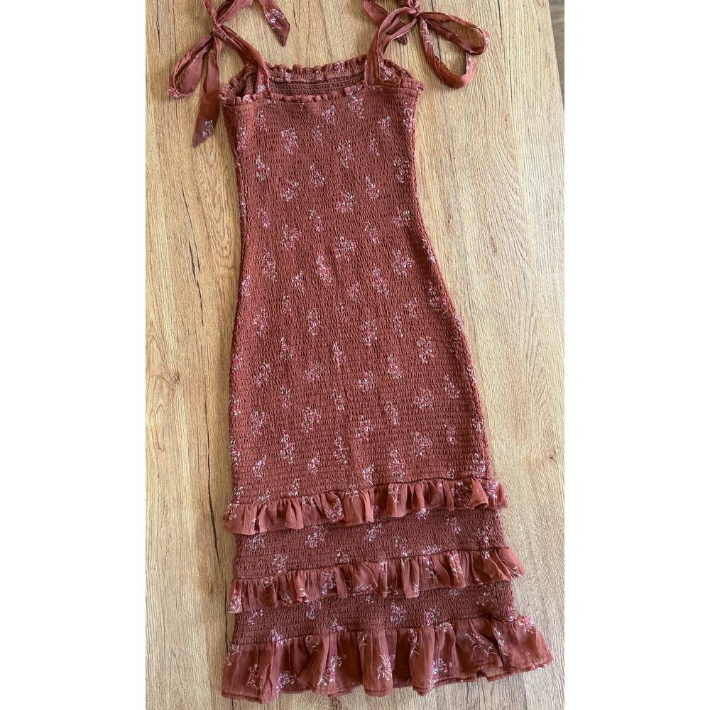 Abercrombie & Fitch Tie-Strap Smocked Midi Dress Brown Floral Size Small - Picture 3 of 6